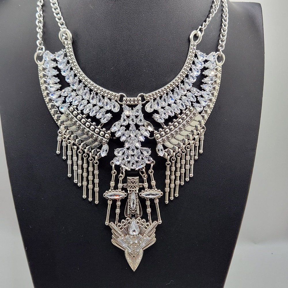 Silver Statement Bib Necklace Rhinestone Fringe Tribal Boho Festival Choker 19in